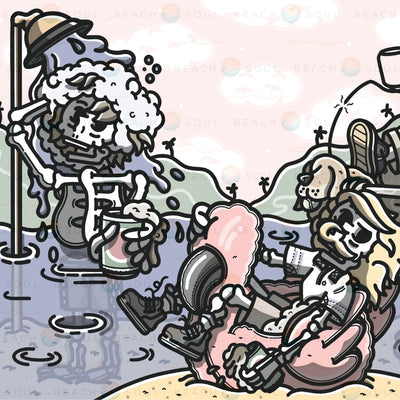 Digital illustration by Soul Beach featuring playful skeletons enjoying a beach day with one showering under a bucket while holding a beer and another with blonde hair lounging in a pink flamingo float alongside a dog