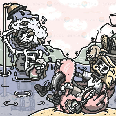 Digital illustration by Soul Beach of two cartoon skeletons and a dog enjoying a quirky beach day, one standing in water getting a sudsy head shower from a tilting bucket, the other with blonde hair relaxing in a vibrant pink flamingo float