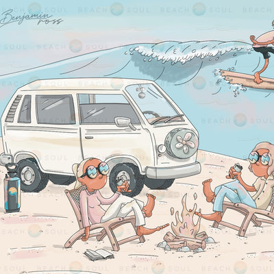 Digital illustration by Benjamin Ross of two people in quirky round sunglasses relaxing on a sandy beach by a campfire next to a vintage white camper van with a fan-shaped spare tire cover, a surfer riding a large wave in the background