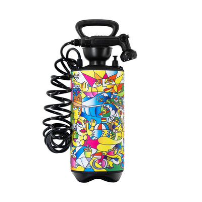 Colorful portable pressure sprayer featuring a vibrant Cubist-inspired design of a busy coastal town with a smiling geometric sun, abstract people, surfers, a lighthouse, and an airplane
