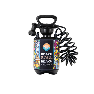 Product photo featuring artwork by Steven Borbana, a Beach Soul portable shower unit with a black handle and coiled hose, its body wrapped in vibrant abstract cubist designs and a black sleeve displaying the Beach Soul Beach Shower logo
