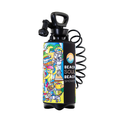 Product photograph of a black portable shower by Steven Borbonaro, set against a white background, featuring a vibrant pop-art style neoprene sleeve adorned with abstract beach scenes, characters including a koala, a barbecue grill, and the brand text 'BEACH SOUL BEACH SHOWER' alongside a wave-sun logo