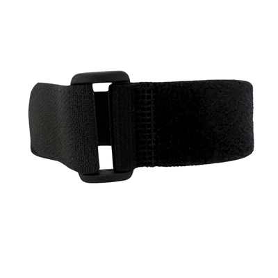 Product photography of a black adjustable fabric strap featuring a rectangular plastic buckle and hook and loop fastening texture