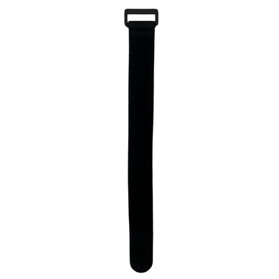 Product photograph of a black hook and loop cable tie featuring a rectangular plastic buckle at the top and a rounded end, centered vertically against a stark white background