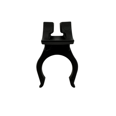 Product photo of a black plastic C-shaped clip with a flat rectangular top and two circular depressions