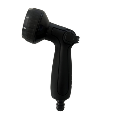 Black portable shower head hose nozzle featuring an adjustable spray head with visual pattern indicators, a contoured ergonomic grip, and a standard hose quick-connect fitting isolated on a white background