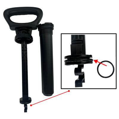 Black plastic engine fluid dipstick assembly with an ergonomic handle, a ribbed shaft, and a separate cylindrical guide tube, displayed on a white background, accompanied by a magnified inset illustrating a black O-ring for the shaft