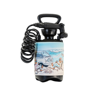 Black portable pump sprayer with a colorful cartoon illustration of a vintage camper van, two people by a campfire on a sandy beach, and a large blue ocean wave
