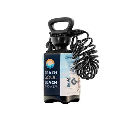 Digital photo of a black portable Beach Soul Beach Shower with a coiled hose featuring a two-toned sleeve with a wave logo text and an illustration of a white camper van on a sandy beach